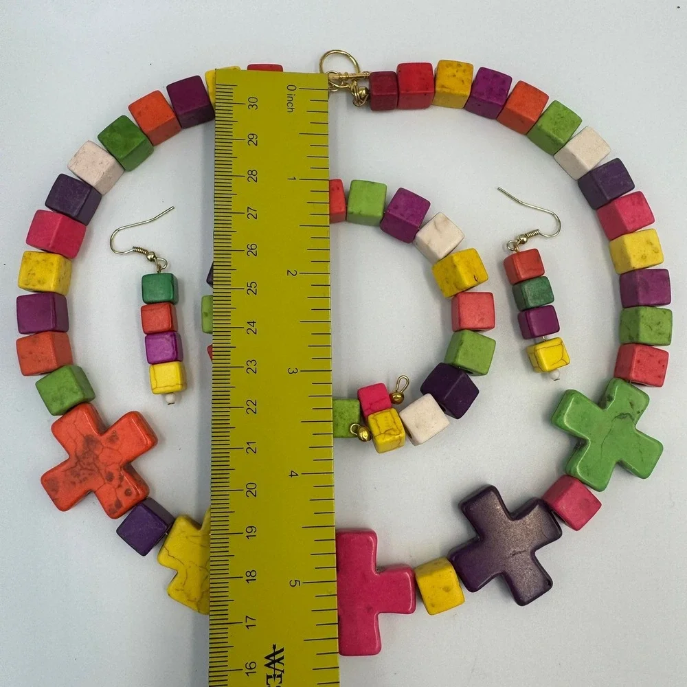 Multicolor Stone Cube Cross‎ Jewelry Set Necklace Bracelet Earrings Boho Rainbow